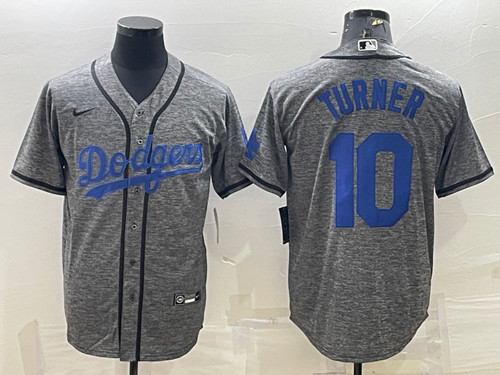 Men's Los Angeles Dodgers #10 Justin Turner Gray Cool Base Stitched Jersey